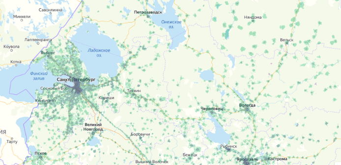 Зона покрытия МТС на карте Уфа 